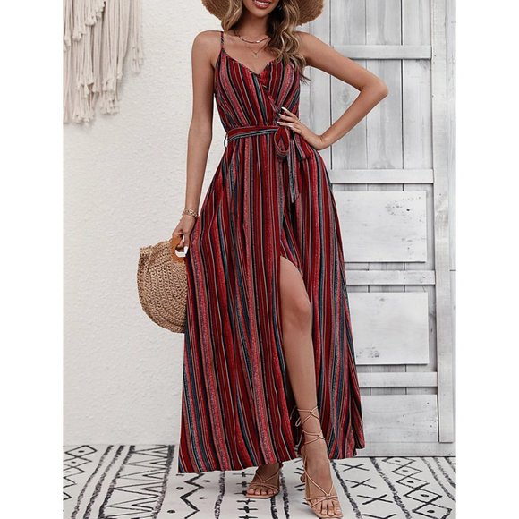 Multicolor Boho Womens Striped Print Split Thigh Belted Cami Dress - Picture 4 of 8